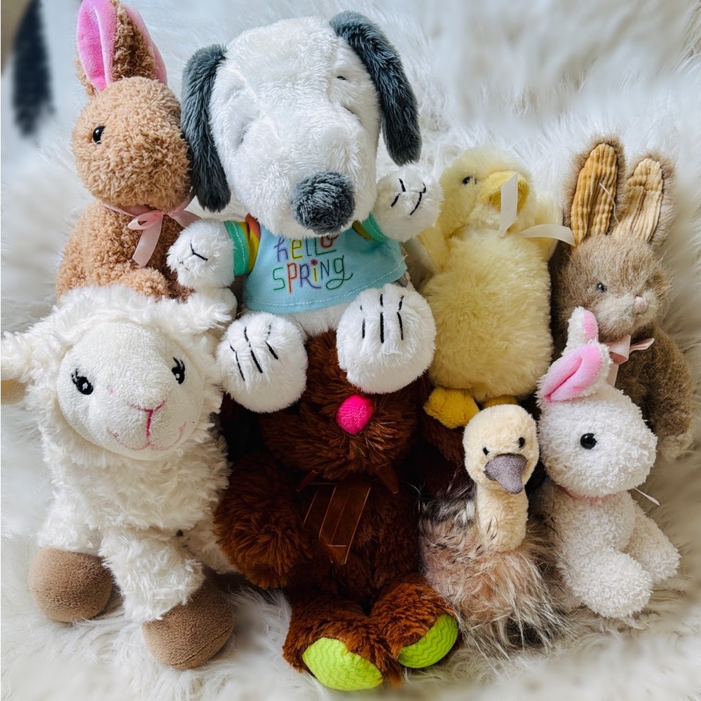 Spring Stuffy Plush Toy Lot 8 Stuffed Animals Bunnies Lamb Duck Puppy Ostrich